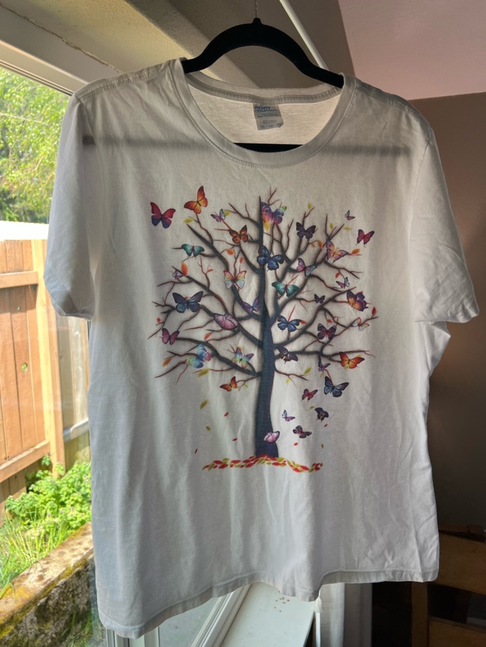 Port and Company White Women's Tee with Colorful Butterfly Tree
